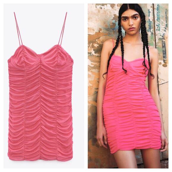 Zara Pink Ruched Mini Dress Size Large Tulle Corset Bustier Barbie Cocktail Y2K - Picture 1 of 14